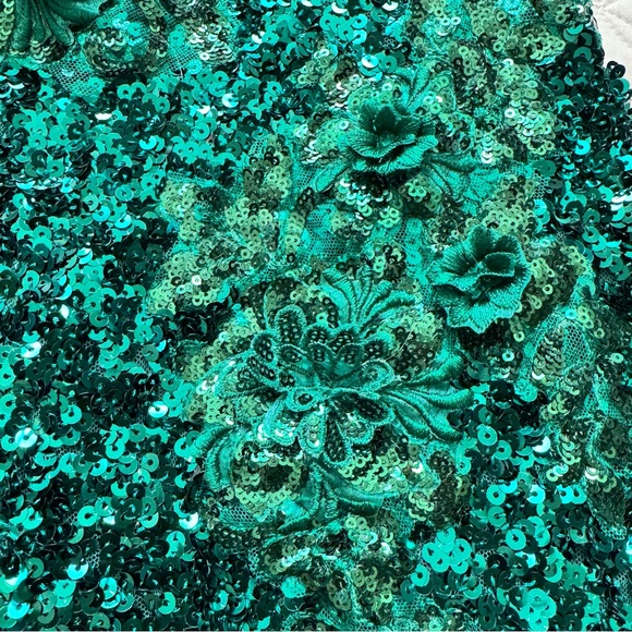 STACEES Dark Green Floral Sheer Corset Sequin Mini Spaghetti Strap Dress Sz 2 - Picture 3 of 16